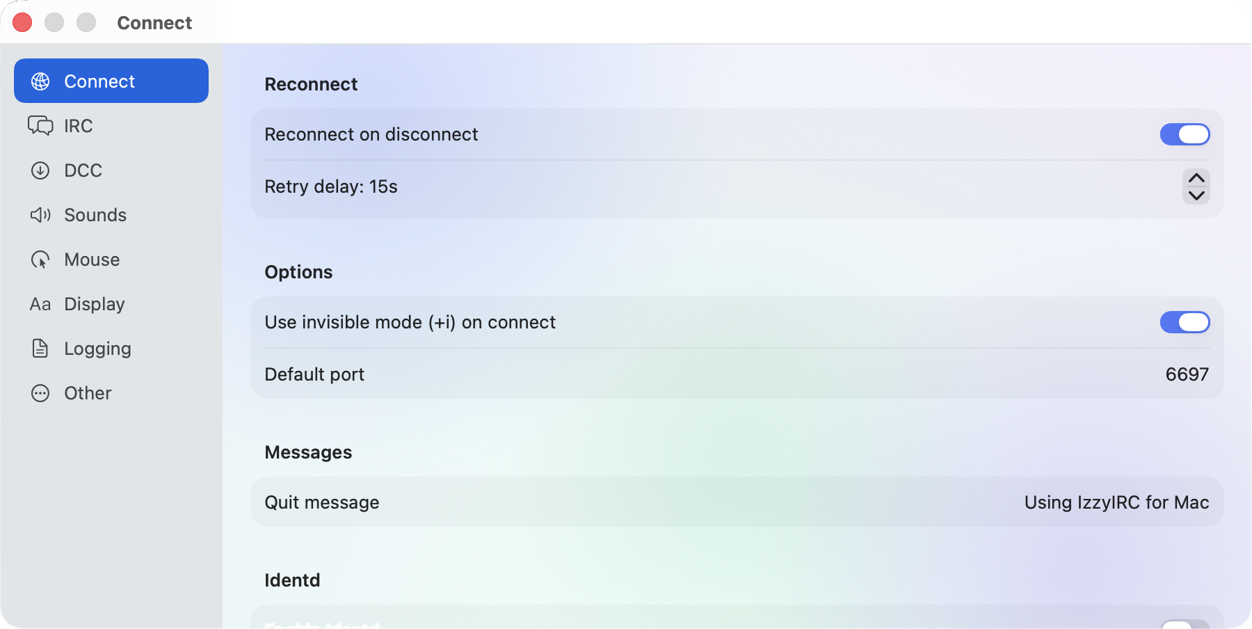 IzzyIRC's Connect settings pane, showing reconnect-on-disconnect, retry delay, invisible mode on connect, default port, quit message, and Identd options.