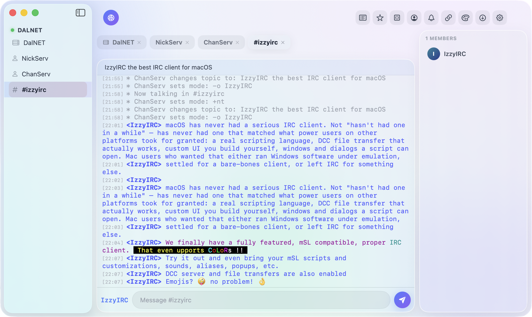 IzzyIRC main chat window showing a connected DalNET session, the #izzyirc channel with colored nicknames and formatted text, and a live member list.
