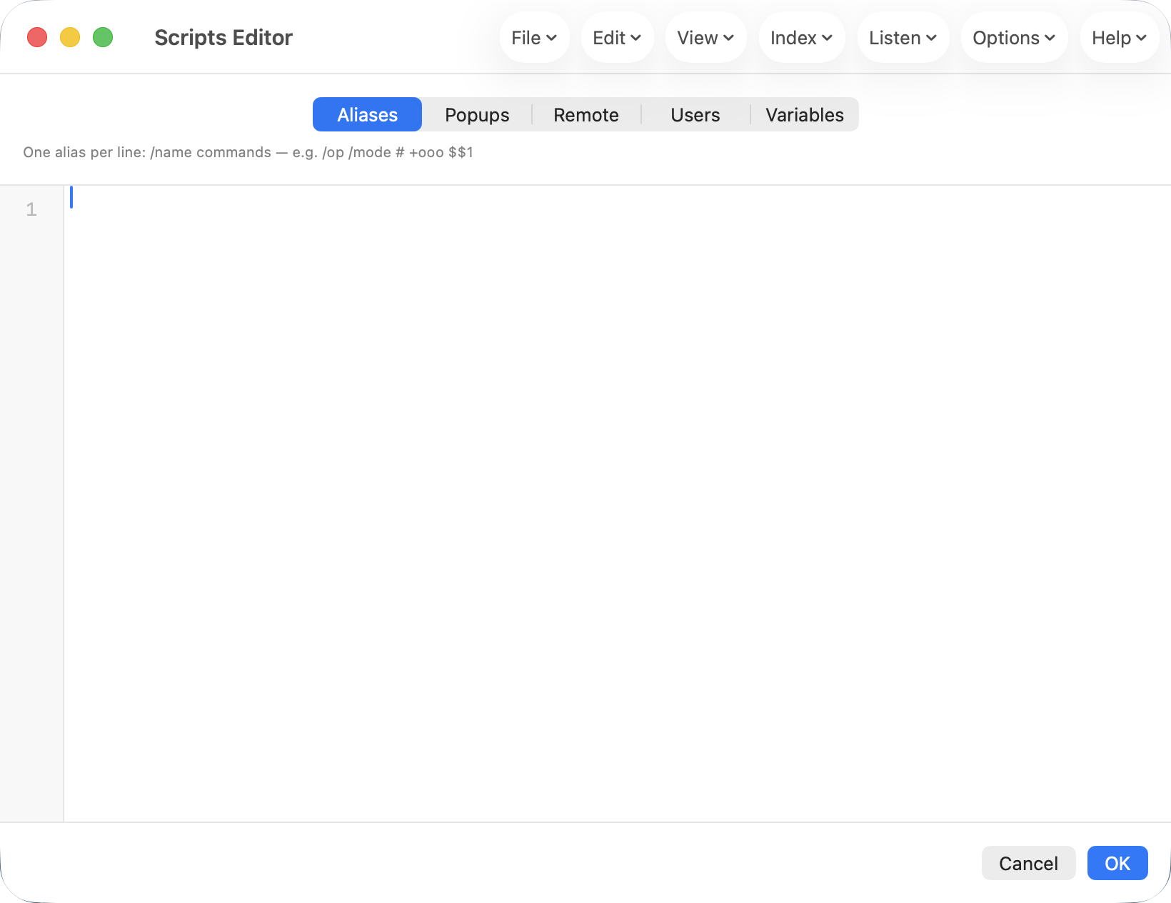IzzyIRC's Scripts Editor window, showing the Aliases tab of the five-section script model (Aliases, Popups, Remote, Users, Variables) with a code editor and line numbers.